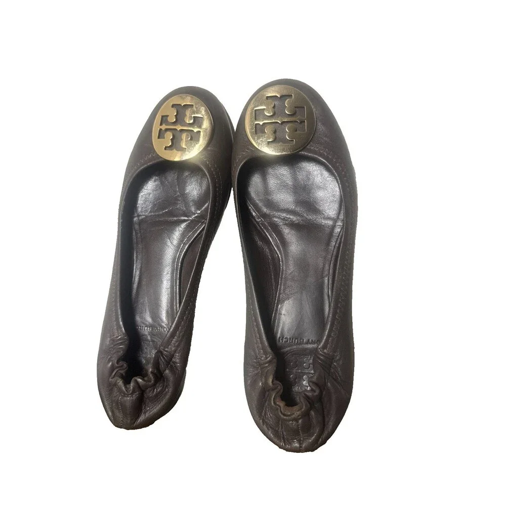 Tory Burch Reva Ballet Flats Women’s 7.5 Dark Brown Leather Gold Logo